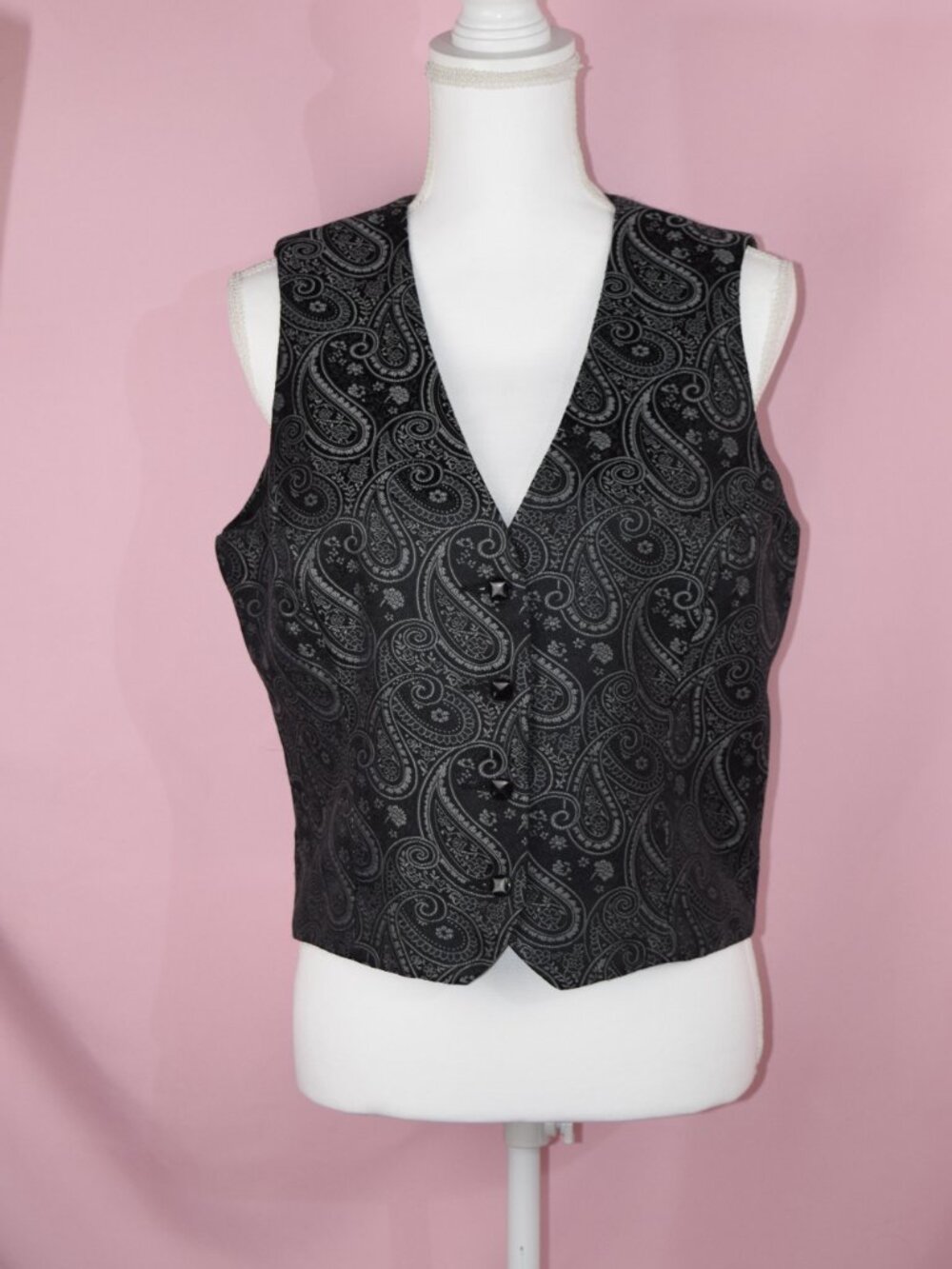 New York & Company Black & Charcoal Paisley Sleeveless Button Suit Vest | Size 8